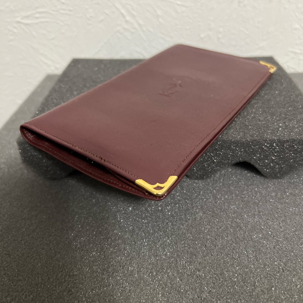 PREOWNED AUTH CARTIER BI-FOLD LONG LEATHER WALLET UNISEX BORDEAUX RED - Picture 4 of 11